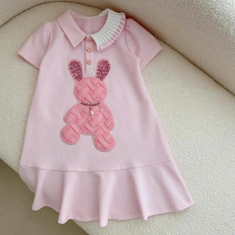 Meninas Baby Dress SummerClothing Novas Crianças Pink Polo Neck Princess Dress Versão Coreana Casual Rabbit Dress