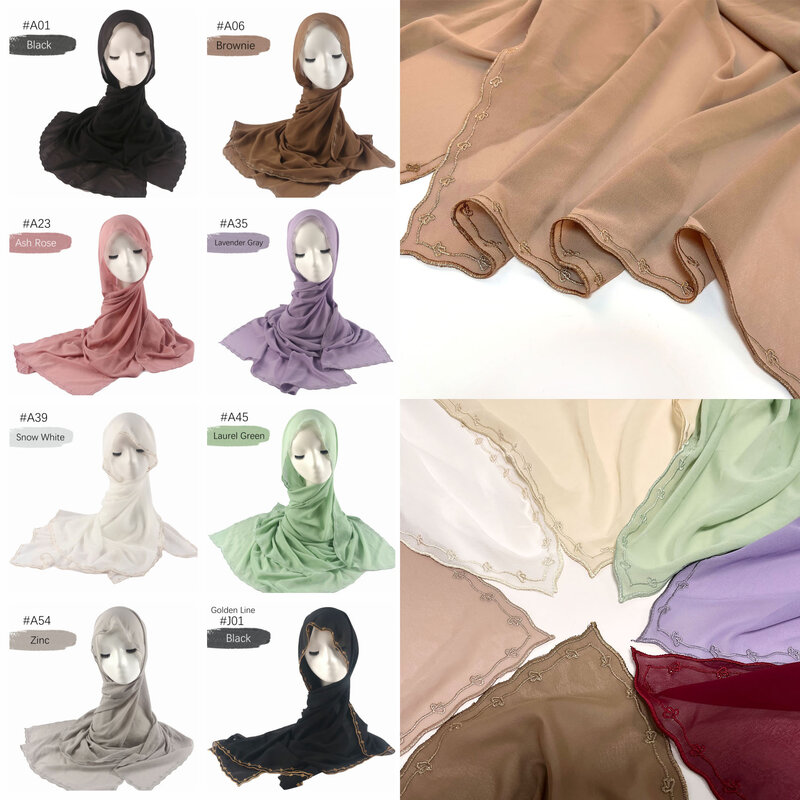 Muzułmanki Sulam hidżab szal haftowany muszelki chustka Premium ciężki szyfon szal haft krawędź szale hidżab szalik