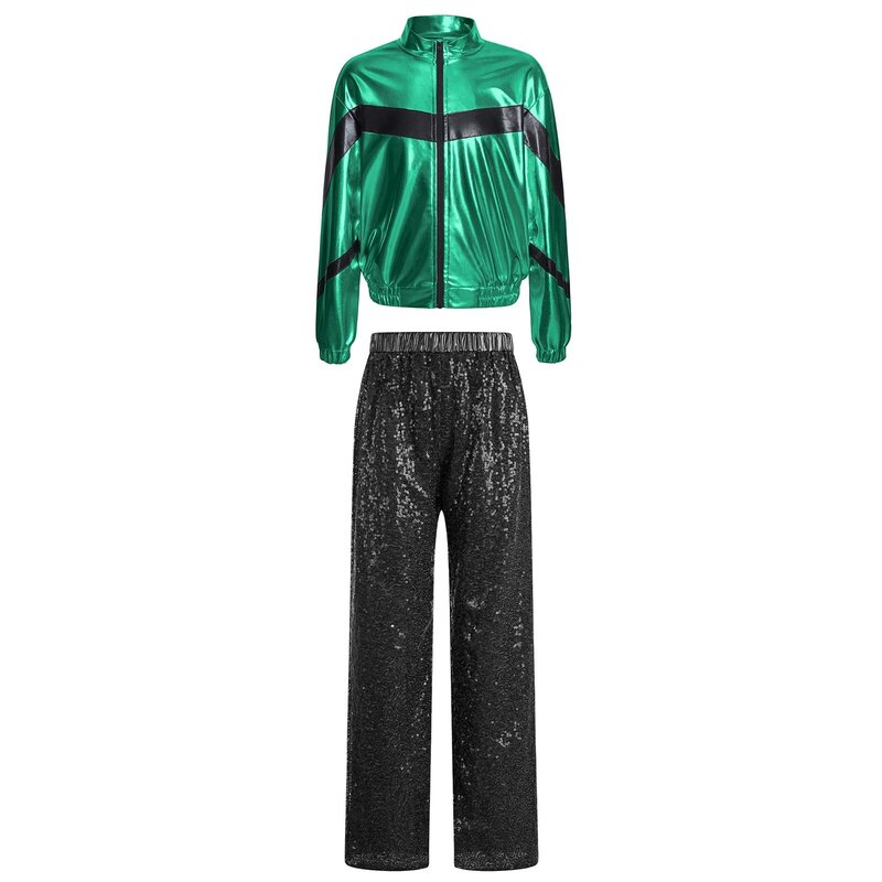 Children Girl Hip Hop Jazz Dance Costume for Party Performance Outfit Long Sleeve Zipper Metallic Jacket with Sequin Pants
