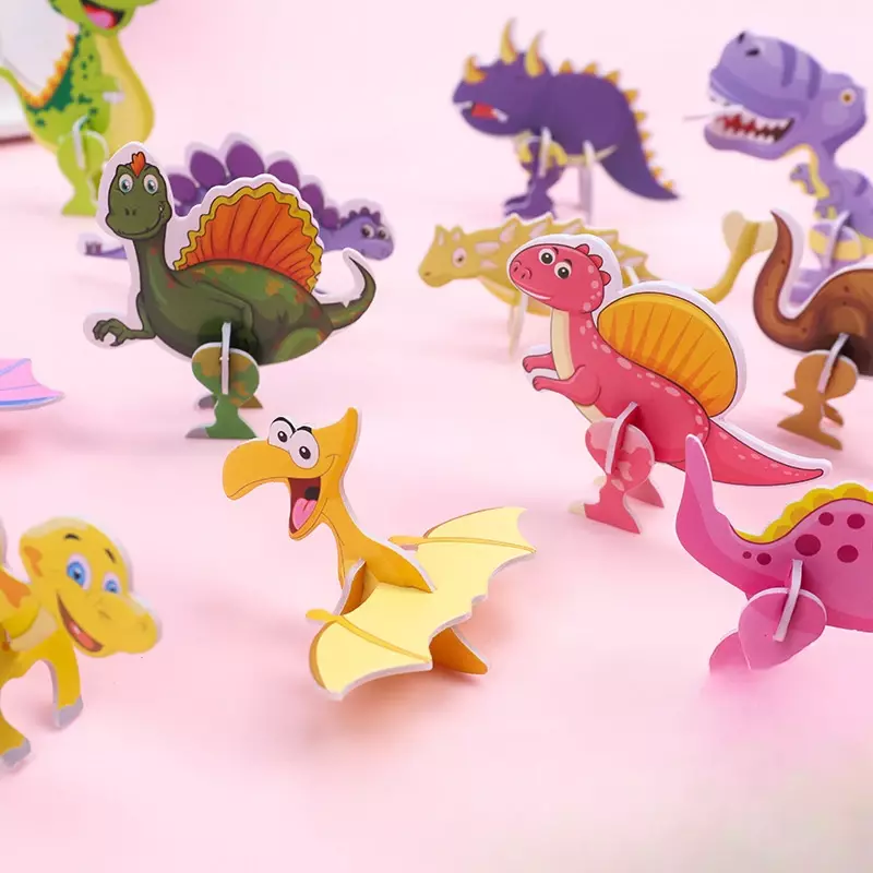 Puzzle kecil anak-anak, mainan edukasi Puzzle kertas dinosaurus tiga dimensi bentuk kartun dinosaurus kecil