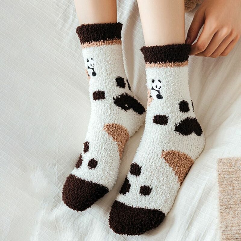 Носки из кораллового флиса с вышивкой панды, подарки для девочек, домашние носки для сна, женские носки, осенне-зимние носки, носки для пола
