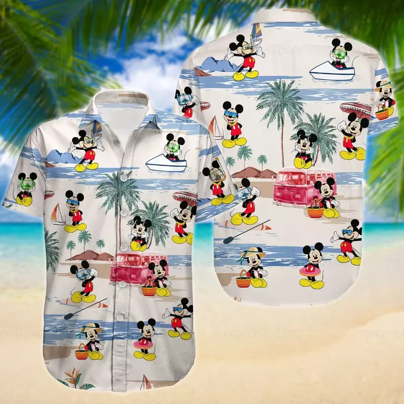 Miniso-camisas hawaianas de Mickey y Minnie para hombre y mujer, camisas de manga corta informales, camisas hawaianas de Disney, camisas de playa a la moda