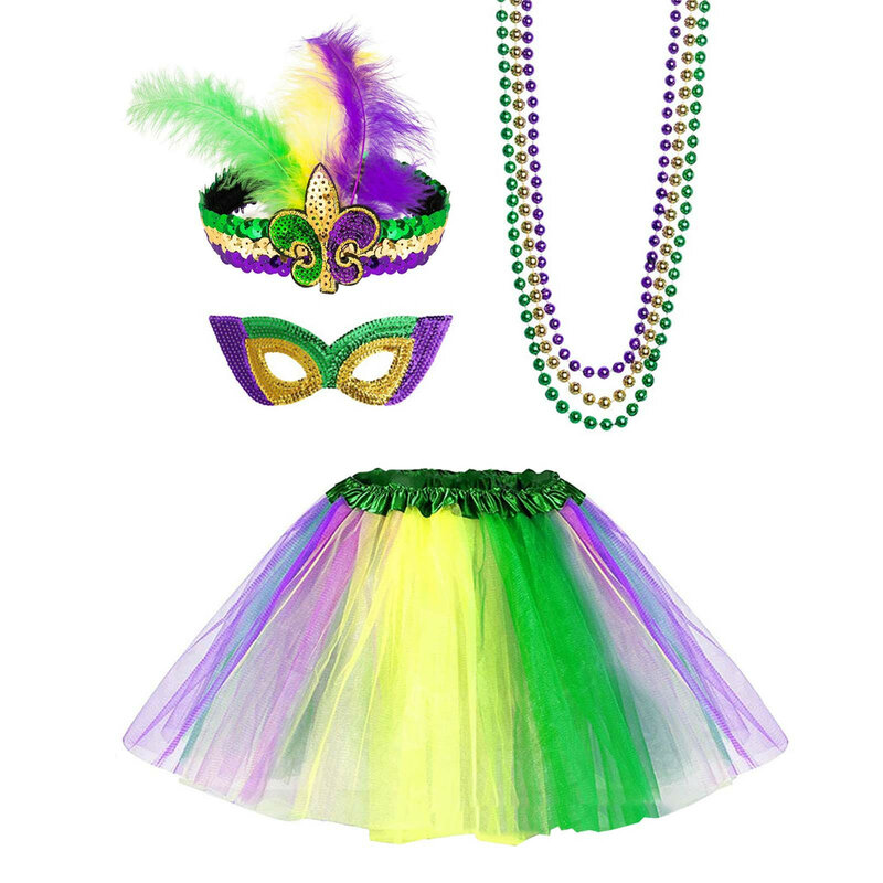 Saia colorida de tule colar frisado para mulheres, faixa de lantejoulas, mascarada, traje de carnaval, 6 peças