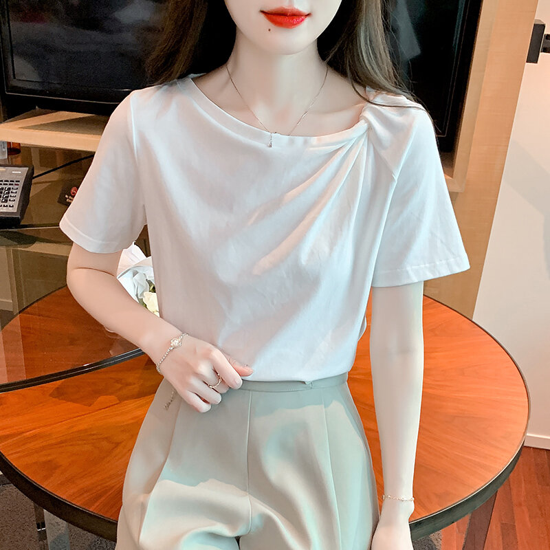 Модная Новая Летняя женская блузка с коротким рукавом и круглым вырезом, Повседневная Блузка, рубашка, женские топы, модные женские блузки 2024, летние H987