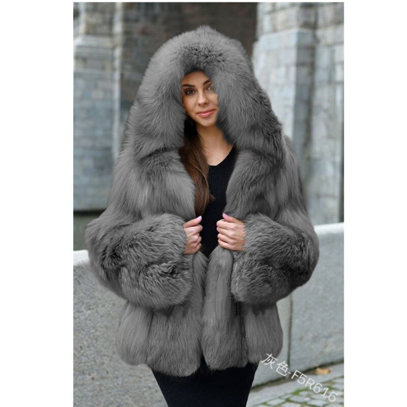 Cappotto di pelliccia europea e americana cappotto di pelliccia di volpe di media lunghezza con cappuccio da donna