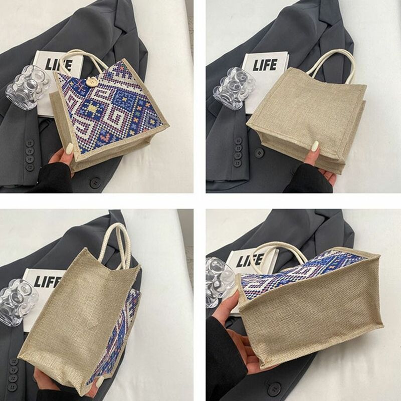 Холщовая Сумка с вышивкой в этническом стиле, портативная тканевая сумка для обеда с принтом, вместительная Льняная сумка-тоут для женщин и девушек