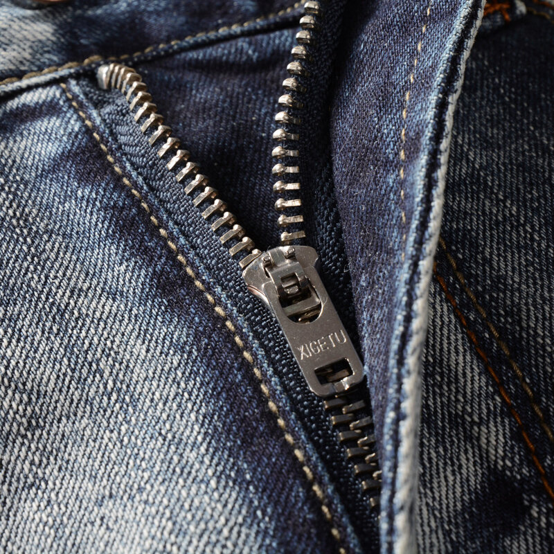 Włoski styl modne dżinsy męskie Retro szary niebieski elastyczny Slim Fit porwane jeansy męskie spodnie Vintage Designer spodnie dżinsowe Hombre