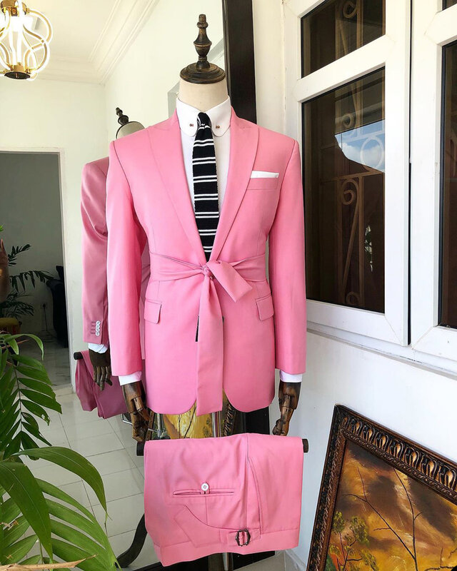 Handsome Pink Men Wedding Tuxedos 2 Pieces Peaked Lapel Groom Wear Birthday Party Fashion Show Pants Suits