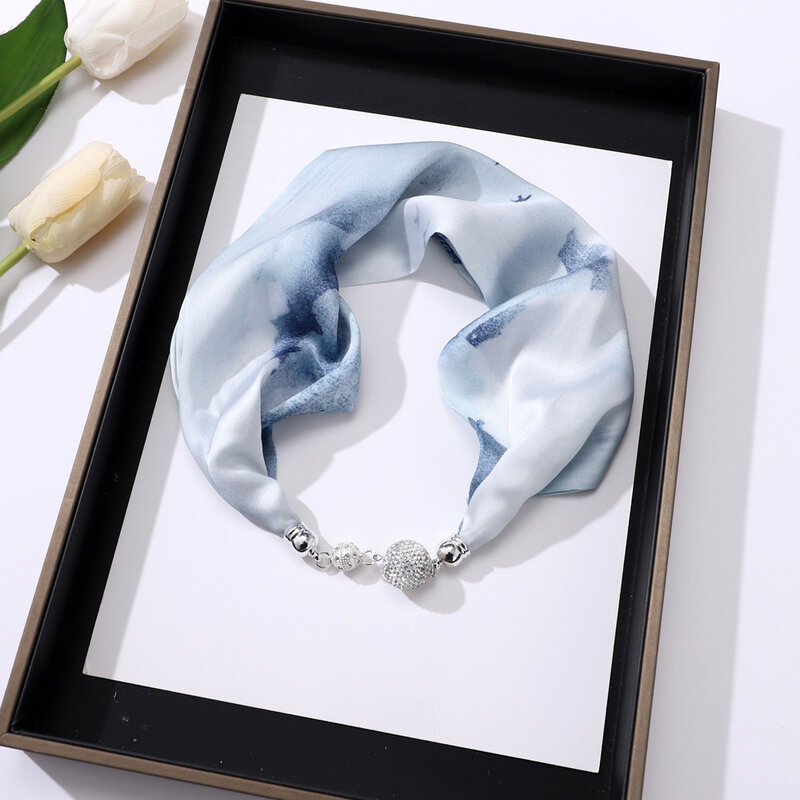 New magnetic buckle Pearl silk scarf  Fashion Floral Design Female Hair Hand Fall Wrist Bandana Winter Neck Headkerchief