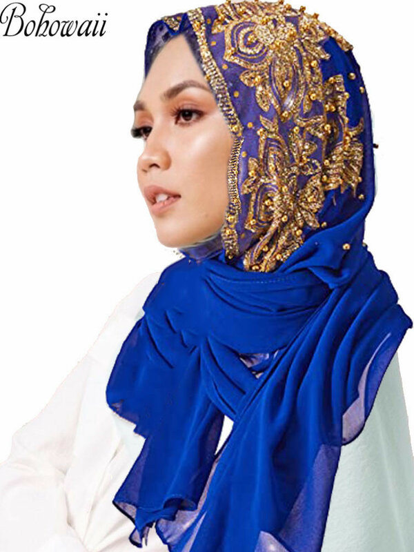 มุสลิมชีฟองผ้าพันคอ Turban Gold Glitters ลูกปัด Hijab สำหรับผู้หญิงรอมฎอน Foulard Musulmane Pour Femme ผ้าพันคอยาว