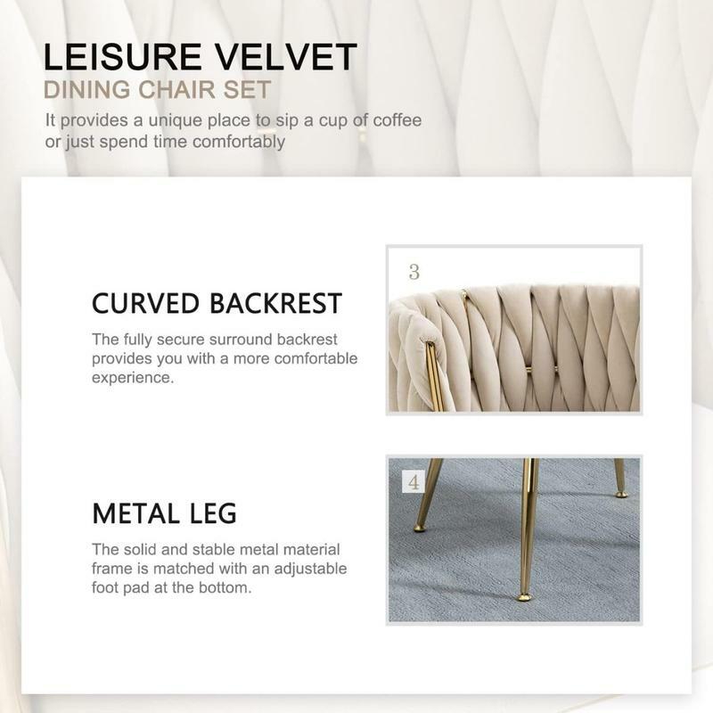 Velvet Dining Chairs Set of 2, Woven Upholstered Dining Chairs with Gold Metal Legs, Mn