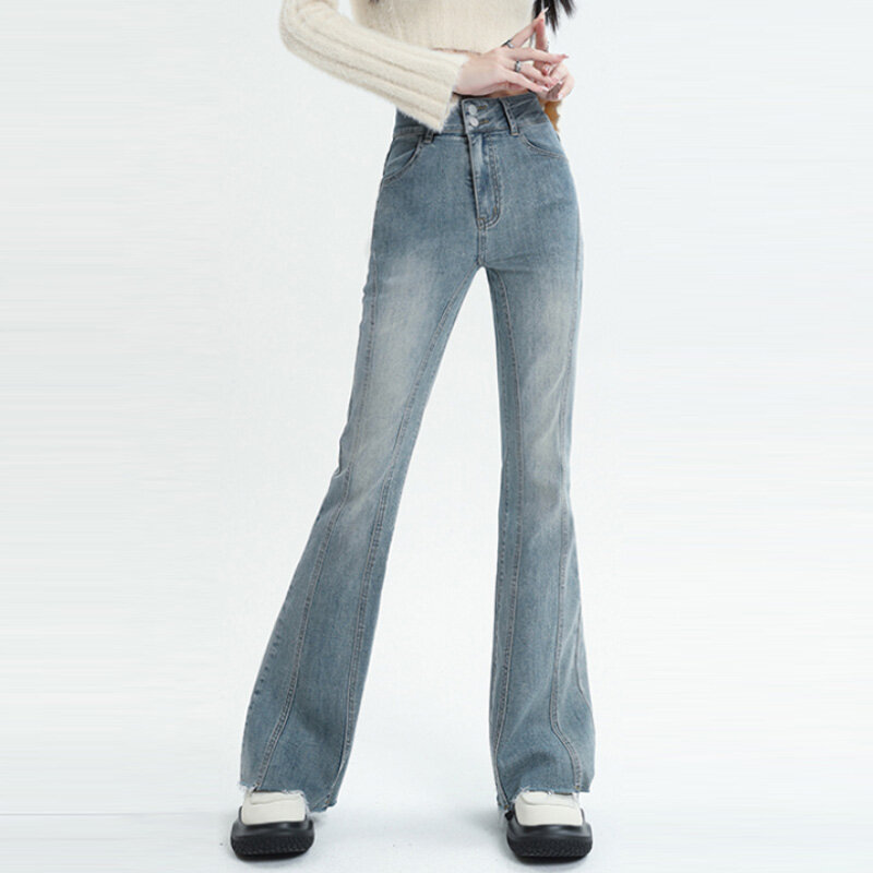 Obcisłe dżinsy rurki w stylu ulicznym dla kobiet z wysokim stanem rozkloszowane spodnie modne niebieskie w stylu Retro spodnie jeansowe letnie cienkie damskie ubrania Y2k