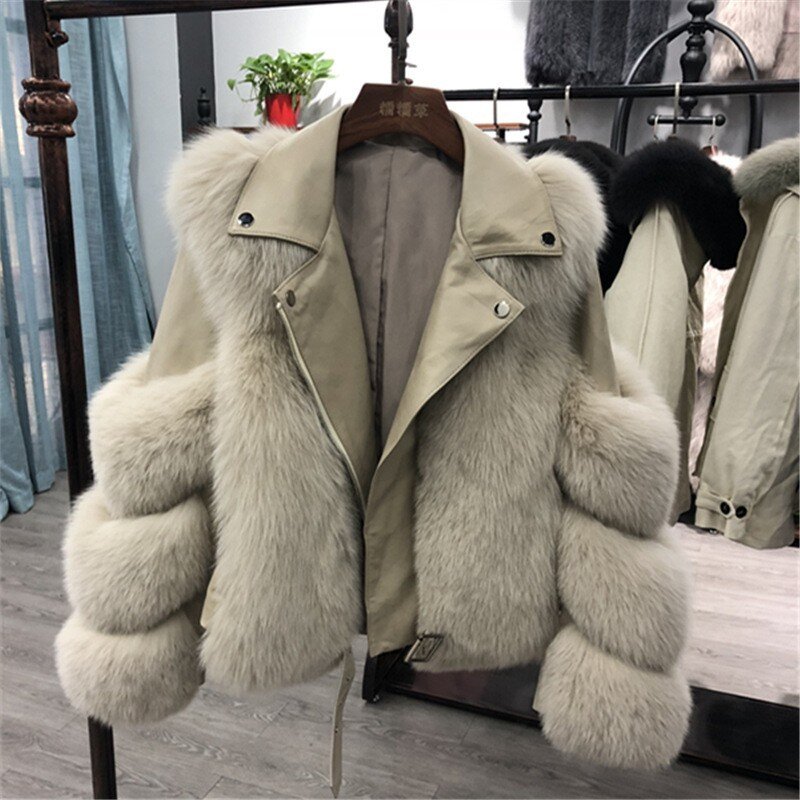 Abrigo de piel de zorro de imitación, abrigo de piel de costura corta, moda europea y americana