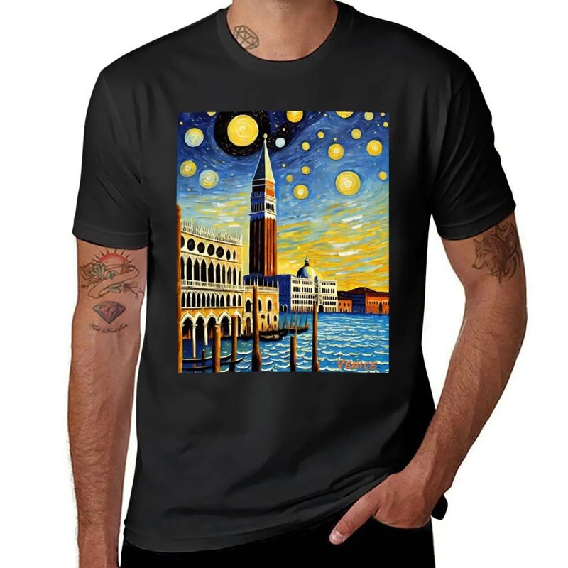 Camiseta gráfica de Veneza noite estrelada masculina, estampa animal engraçada para meninos