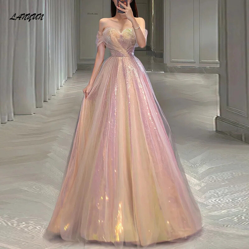 Gaun malam manis elegan merah muda Bling 2024 gaun pesta pernikahan Vestidos Prom berjenjang desain jala pinggang ramping leher Boat musim panas