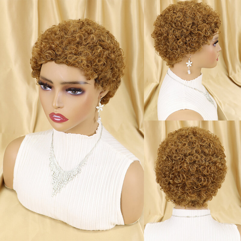 Pelucas de cabello humano brasileño para mujeres negras, pelo corto rizado, sin pegamento, Afro, rizado y esponjoso, corte Pixie