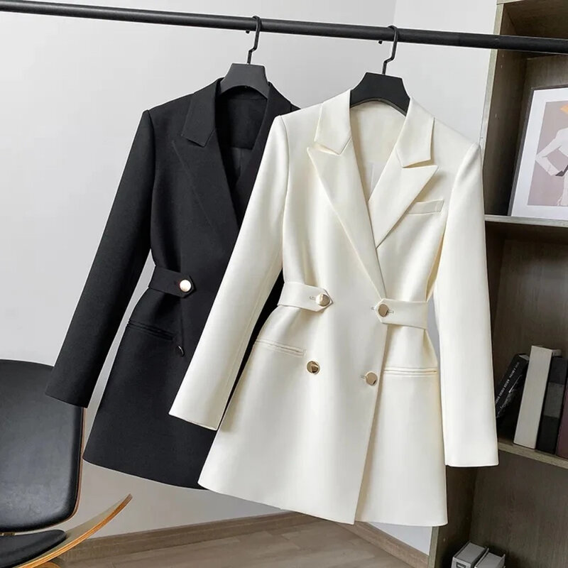 Jaqueta de trespassado feminino, casaco monocromático, blazer casual, ternos retos, escritório, moda feminina, preto, primavera, outono, 2022