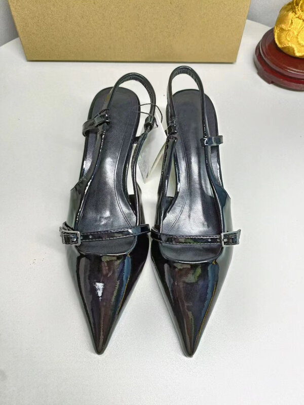 Sandálias de salto alto com fivela para mulheres, sapatos de couro laca preta, dedo apontado, wrap, novo