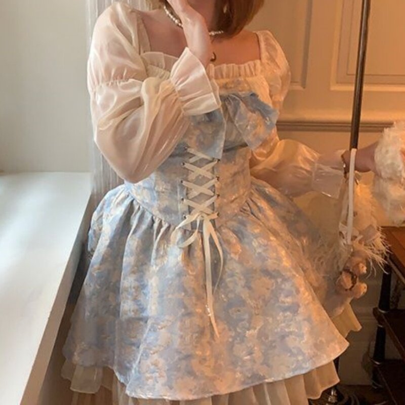 2024 nowa duża odzież damska francuska słodka dziewczyna słodki wzór wąska talia sukienka Lolita błyszcząca sukienka księżniczki Y2k ubrania