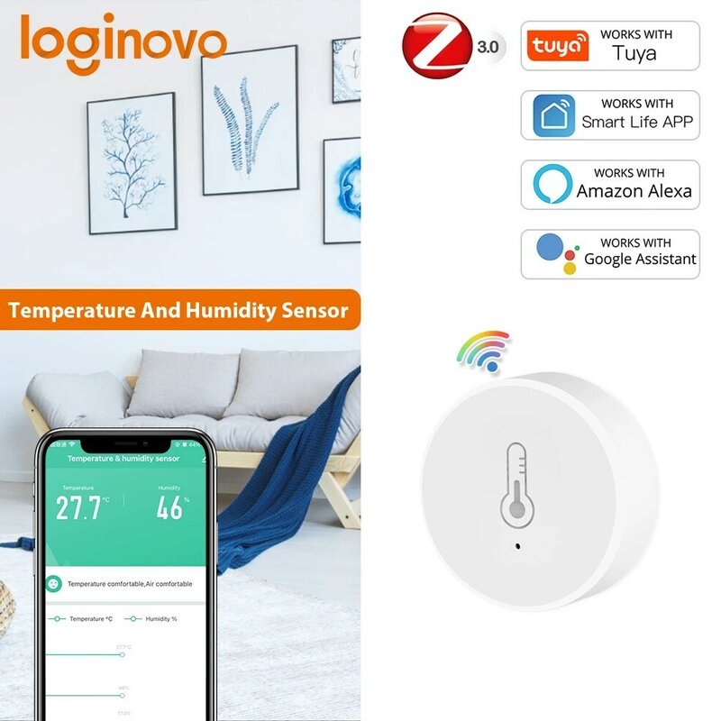 Loginovo Tuya ZigBee Smart Home Temperature And Humidity Sensor APP Remote Monitor For Google Assistant and Tuya Zigbee Hub
