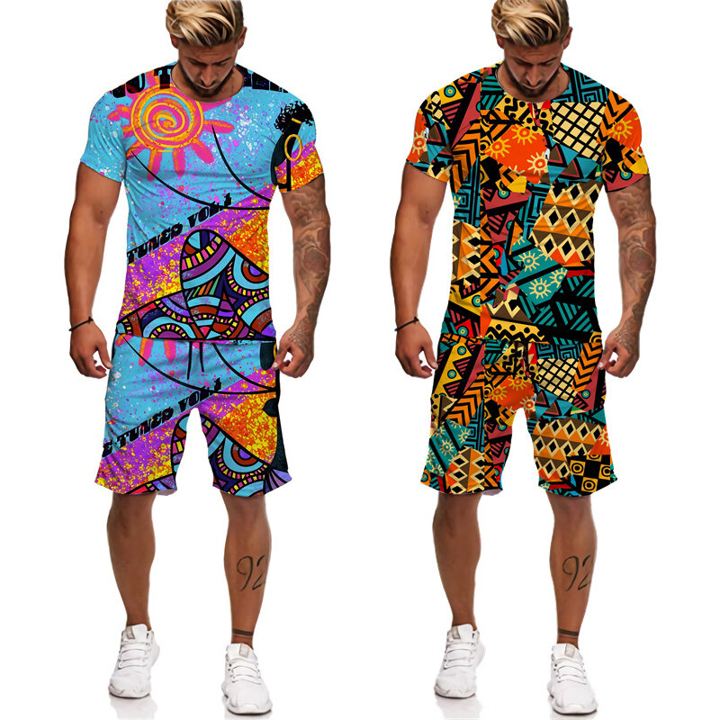 Afrykańskie etniczne zestaw koszulek dres plemiona 3D drukowane spodnie z krótkim rękawem 2-częściowa garnitur Casual odzież sportowa oversize odzież męska