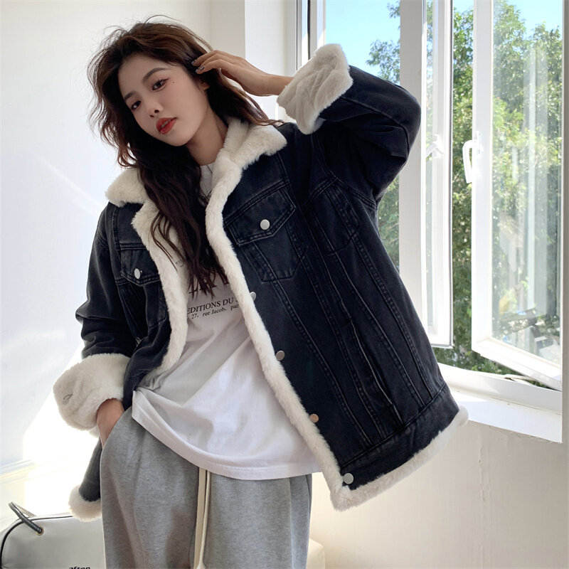 Повседневное плотное теплое синее зимнее пальто, женская новая осенняя джинсовая куртка в Корейском стиле из овечьей шерсти, базовое Женское зимнее пальто, верхняя одежда