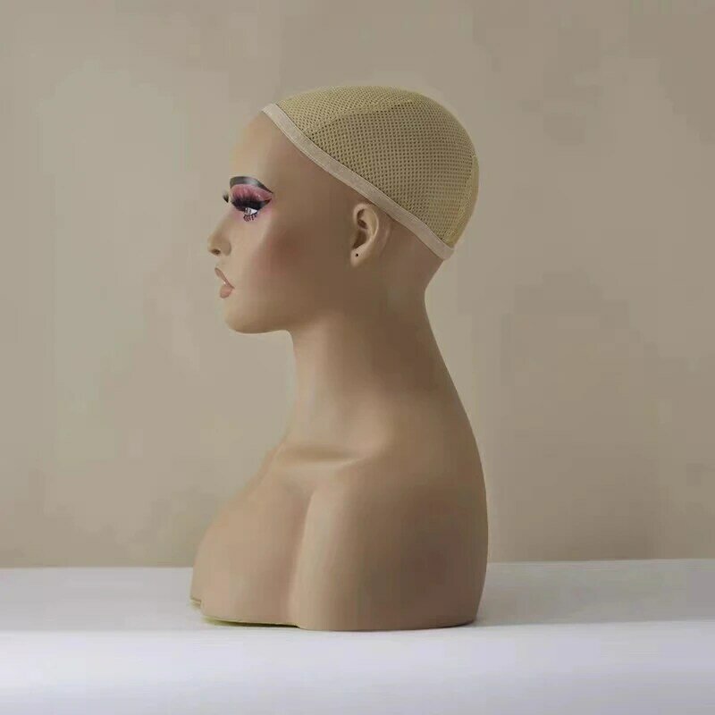 Female Maniquin Head with Shoulders Makeup PVC Human Hair Wig Model Window Necklace Hat Display