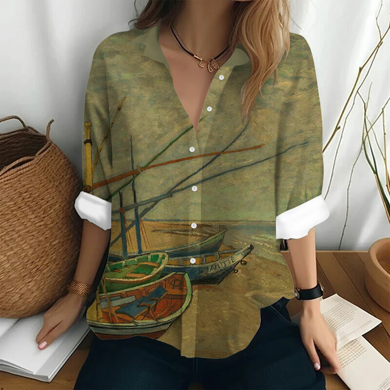 Camicie e camicette da donna camicetta Vintage elegante con pittura a olio Casual Fashiona camicette a maniche lunghe camicie larghe estive