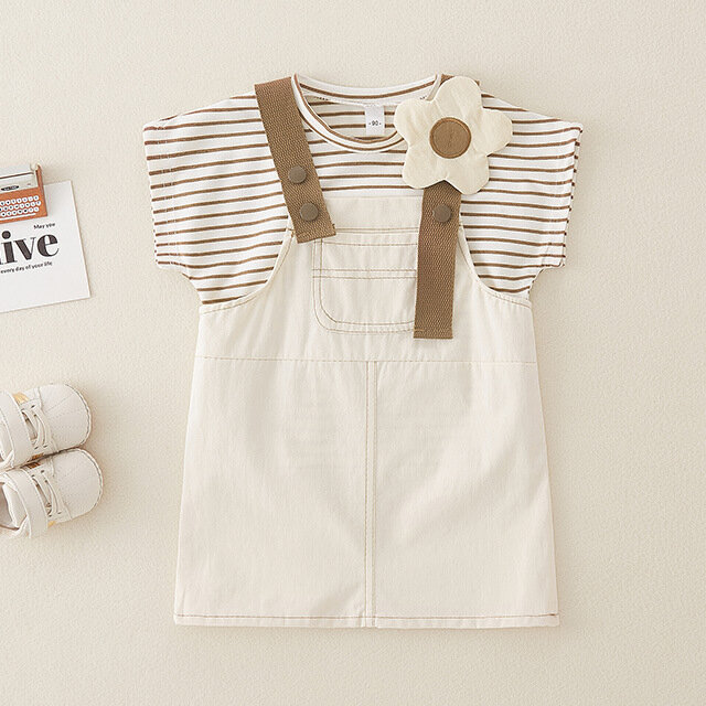 赤ちゃんと女の子のためのラウンドカラーのストライプのコットントップ,新生児服のセット,3D花柄のポケット,ストラップ付きスカート,2個
