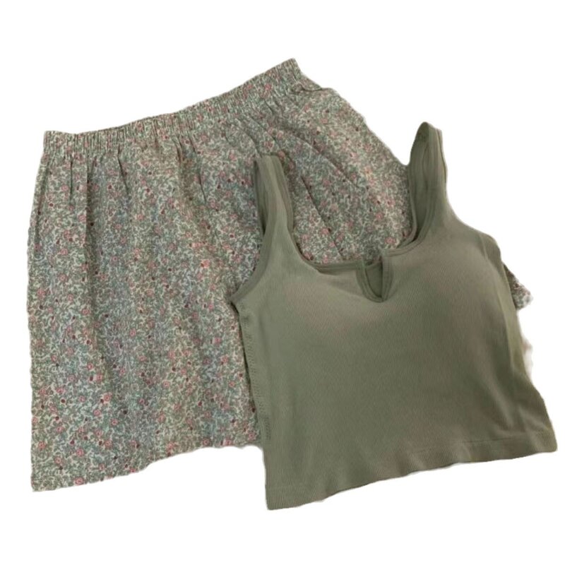 Piyama pinggang elastis motif bunga, piyama dada dengan celana rumah musim panas