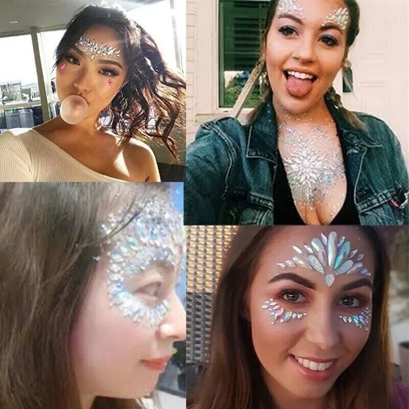 Autocollants de tatouage de visage Sexy 3D, décoration faciale temporaire, faux tatouage à paillettes, strass pour femmes, fête, bijoux