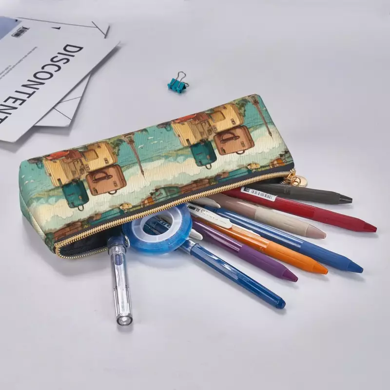 Traveling Leather Pencil Case landscape luggage College Teens Zipper Pencil Box Retro Print Triangle Pen Pouch