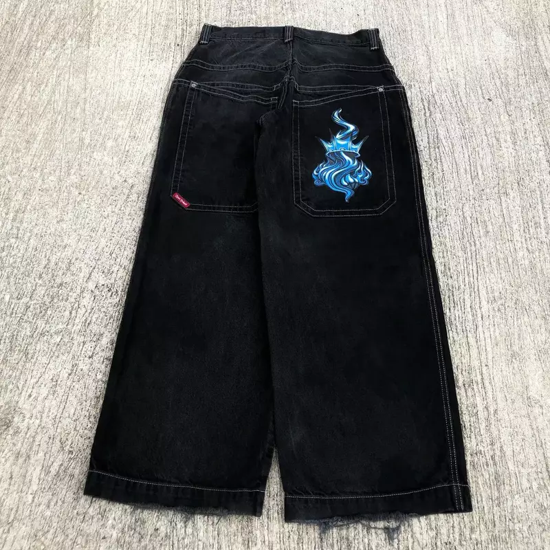 Harajuku Hip Hop Y2k Jeans pakaian jalanan, celana panjang kaki lebar pinggang tinggi motif grafis Gotik, celana jins hitam kaki lebar untuk pria wanita