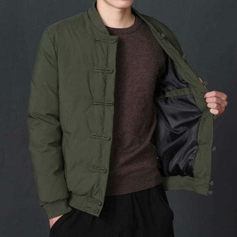 Buttoned Jacket Chinese Style Winter Coat with Stand Collar Knot Buttons Thick jaqueta masculina