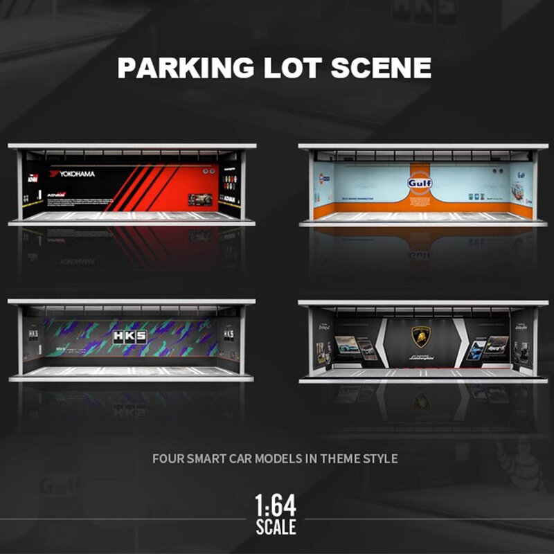 Model garaż samochodowy dioramy w skali 1:64 montuje oświetlenie LED wyświetlacz tła parkingu Model na scenę kolekcja zabawek prezent