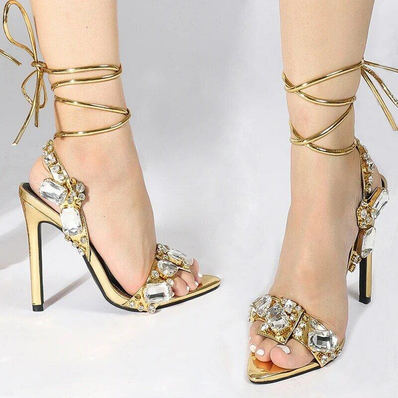 Liyke Sexy cinturino alla caviglia sandali dorati donna festa discoteca spogliarellista tacchi cristallo di alta qualità punta a punta scarpa da sposa