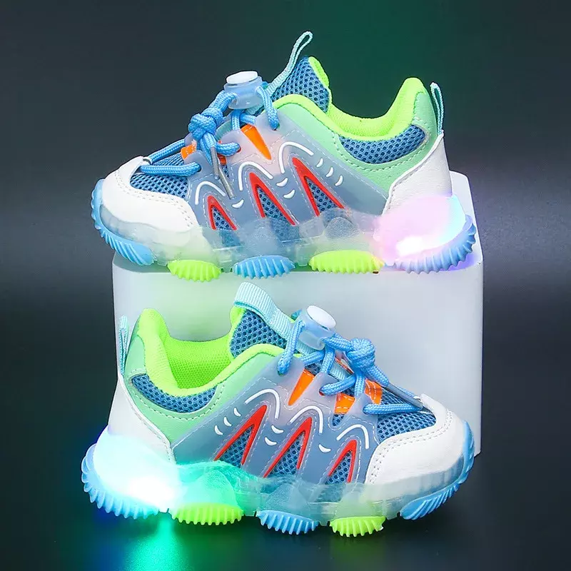 Sneakers LED anak-anak sepatu kasual untuk anak laki-laki bayi balita Sneakers jaring dengan lampu antiselip sepatu jalan