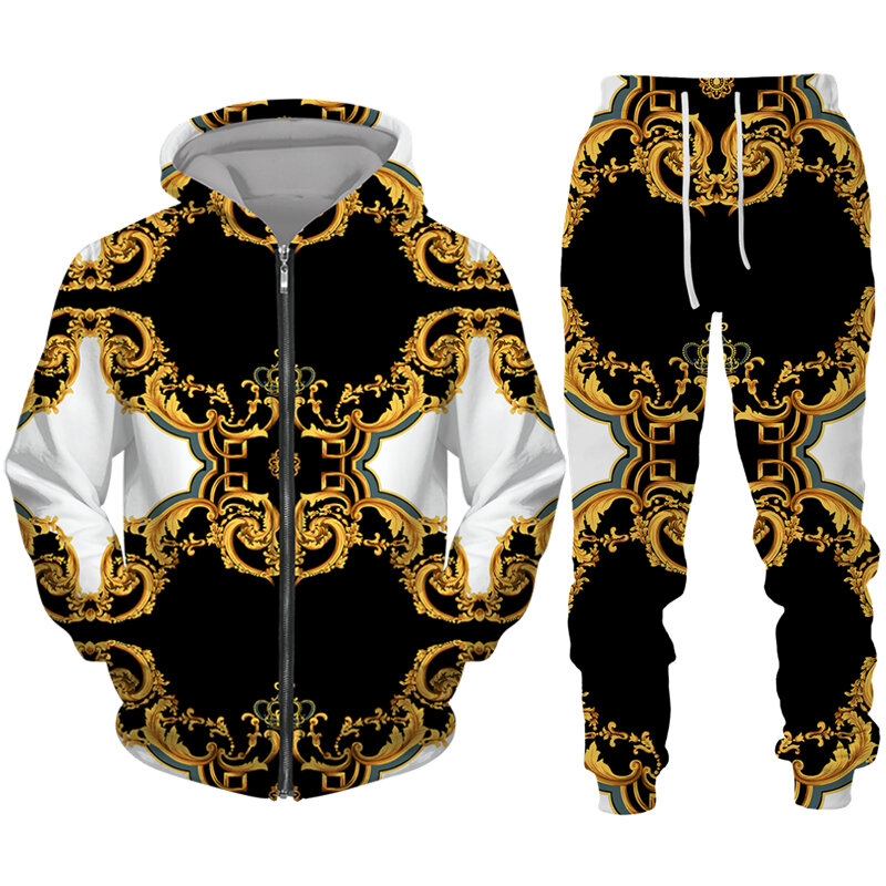 Chándal de lujo con estampado 3D para hombre, conjunto de Sudadera con capucha y pantalones de gran tamaño, con cremallera, informal, 2 piezas