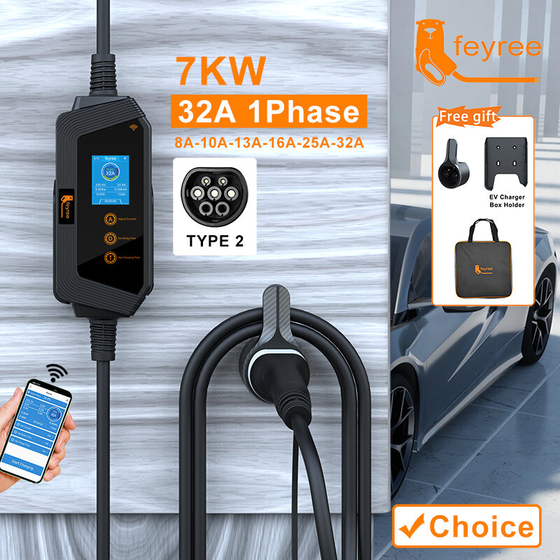Feiyree-ポータブル電気自動車充電器、アプリ、現在の設定と充電時間の設定によるWifi制御、タイプ2、32a、7kw