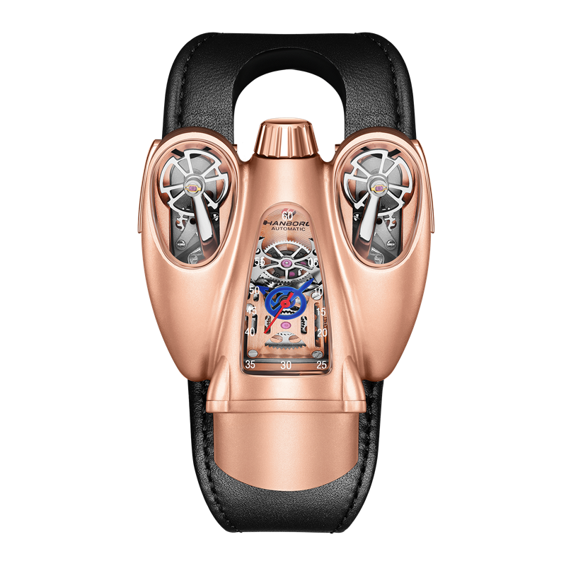 HANBORO Alien szkielet mechaniczny zegarek samolot kształt serii podwójny ruch męski automatyczny zegarek spersonalizowany pasek ze skóry bydlęcej