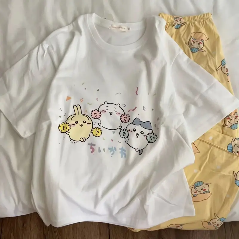Chiikawa Pyjamas Sommer reine Baumwolle Rundhals ausschnitt Kurzarm Hosen lose Anzug Cartoon niedlichen Zuhause Kleidung Geschenk