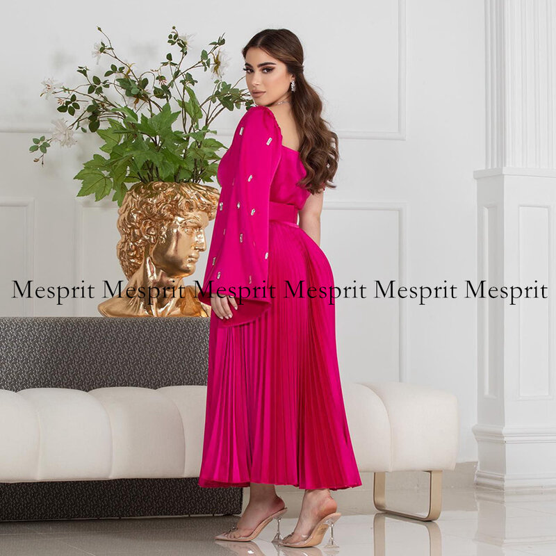 Po-Robe de soirée rose à manches courtes et longues, jupe plissée avec perles, ligne A, robe de cocktail, robes formelles saoudiennes