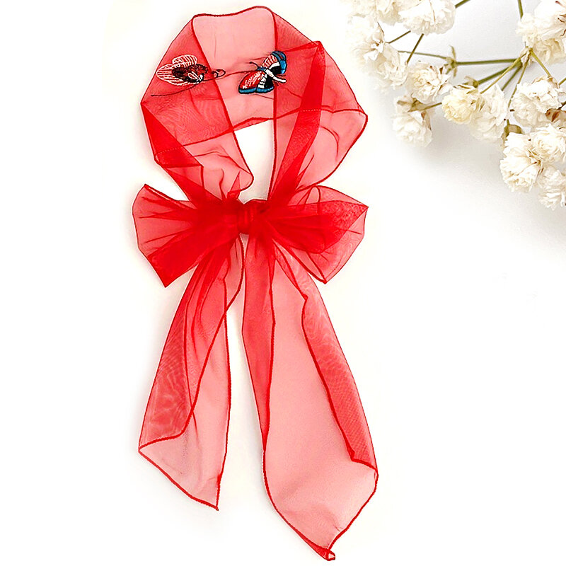 Women Square Scarf Skinny Ribbon Head Neck Hair Tie Band Butterfly Embroidery Kerchief For Women Foulard Scarves Neckerchief