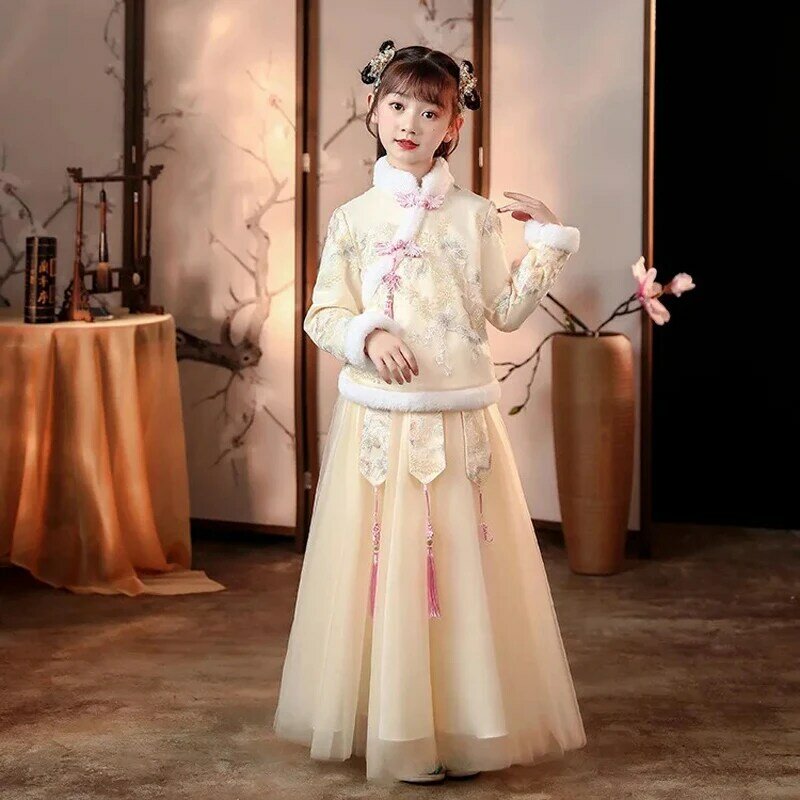 Conjunto de traje Tang para niños, traje tradicional chino para niñas pequeñas, ropa de invierno bordada, ropa roja de Año Nuevo, regalo de cumpleaños y Navidad
