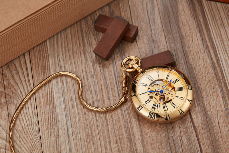 นาฬิกาทรงกระเป๋าแบบกลไกอัตโนมัติสำหรับผู้ชายและผู้หญิงที่มีจี้รูปเลขโรมันสีทอง/เงินแบบย้อนยุค