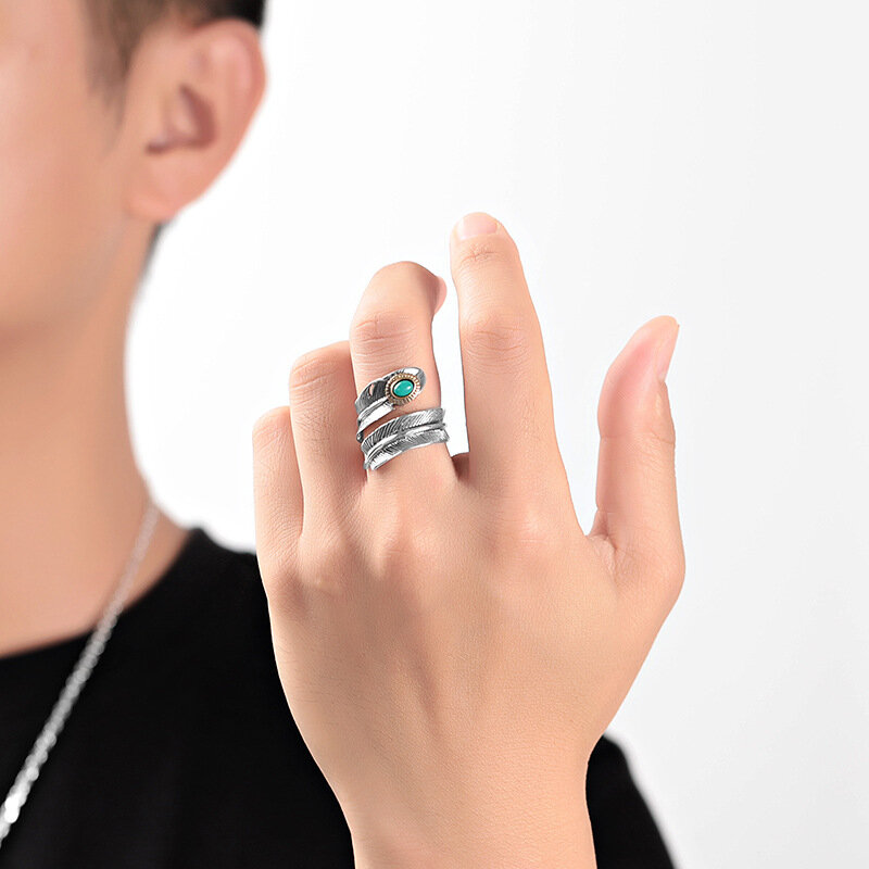 แหวนขนนกเทอร์ควอยส์สีเงินสเตอร์ลิง S925ปรับได้สำหรับผู้ชายและย้อนยุคสำหรับผู้หญิงเทรนด์แหวนใส่นิ้วแบบฝังเฉพาะบุคคล
