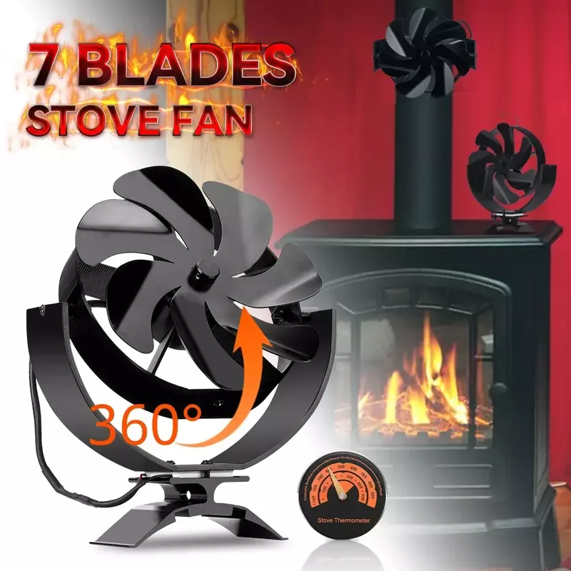 Black Stove Fan Heat Powered 7 Blades Efficient Heat Distribution Quiet Fireplace Fan Log Wood Burner Home Fireplace Decor