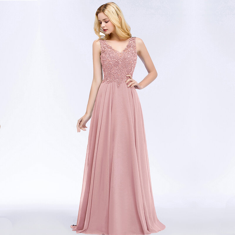 BABYONLINE-vestido de graduación rosa con cuello en V, vestido de dama de honor con cuentas de piedras de cristal, falda de línea A, vestido de fiesta de noche de gasa