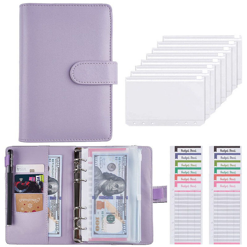 PU Leather Orçamento Binder Notebook, Caixa Envelopes System Set, bolsos para dinheiro, Saving Bill Organizer, A6, 2024