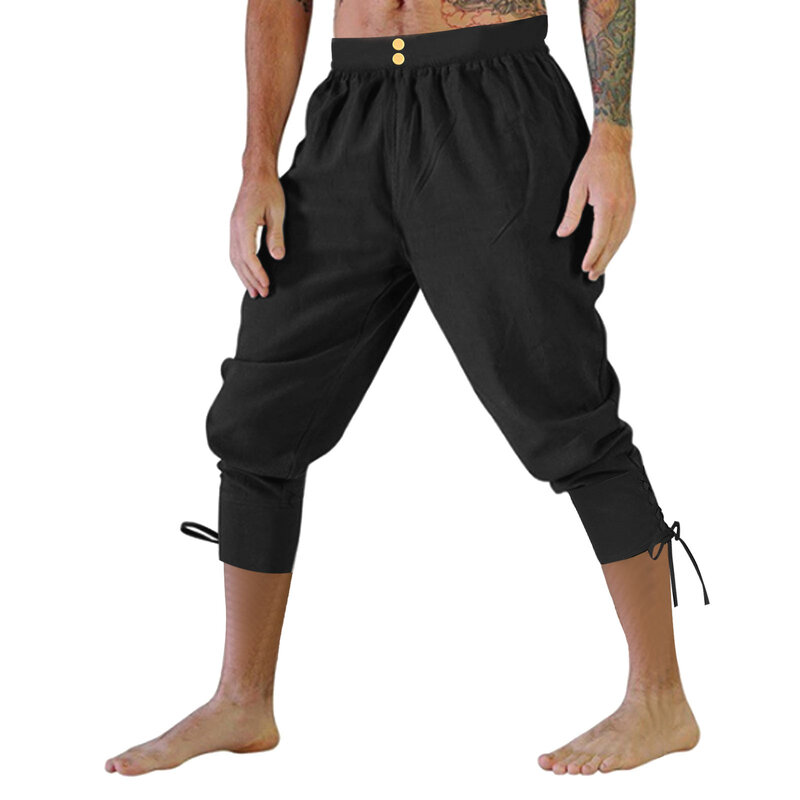 Adult Men Medieval Pirate Pants Linen Horseman Knight Costume Loose Leggings Viking Black Navigator Leg Bandage Trouser